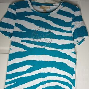 Michael Kors M Zebra Print Blue White Short Sleeve Logo Women's Top Blouse